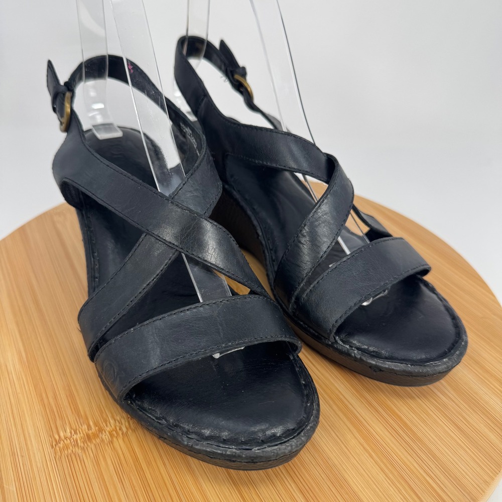 Born Black Leather Wedge Sandals Strappy‎ Slingback D91403 CCK15 Womens 8M